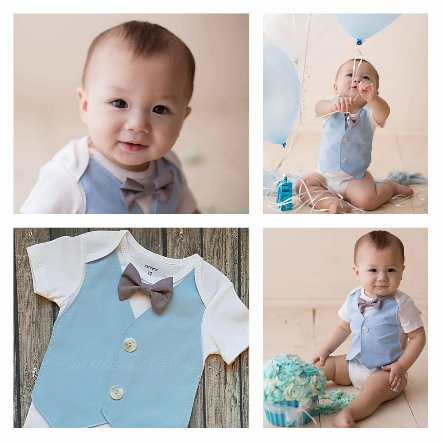Customizable onsies come in many designs.  Here I created a working 'vest' complete with buttons and a removable bow tie for easy washing.